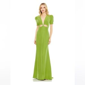 Mac Duggal Plunge Neck Puff Sleeve Green Gown